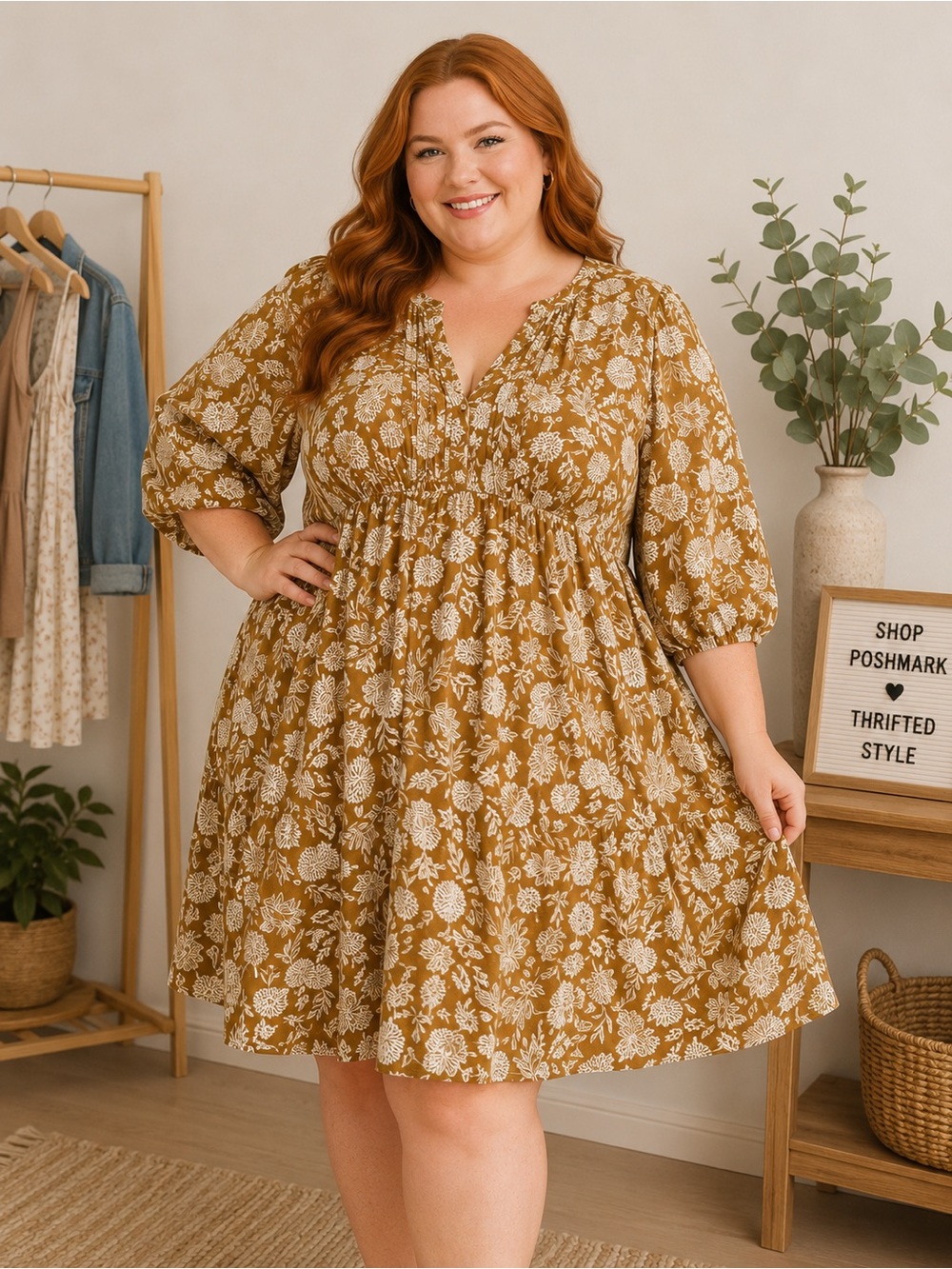 Universal Thread Mustard Floral Puff-Sleeve Mini Dress 2X